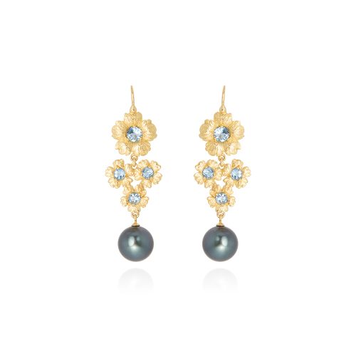 Designer: Thomas Hunt<br>Orecchini Fiori con Acquamarina e Perle di Tahiti