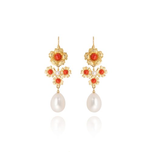 Designer: Thomas Hunt<br>Orecchini Fiori con Corallo Rosso e Perle