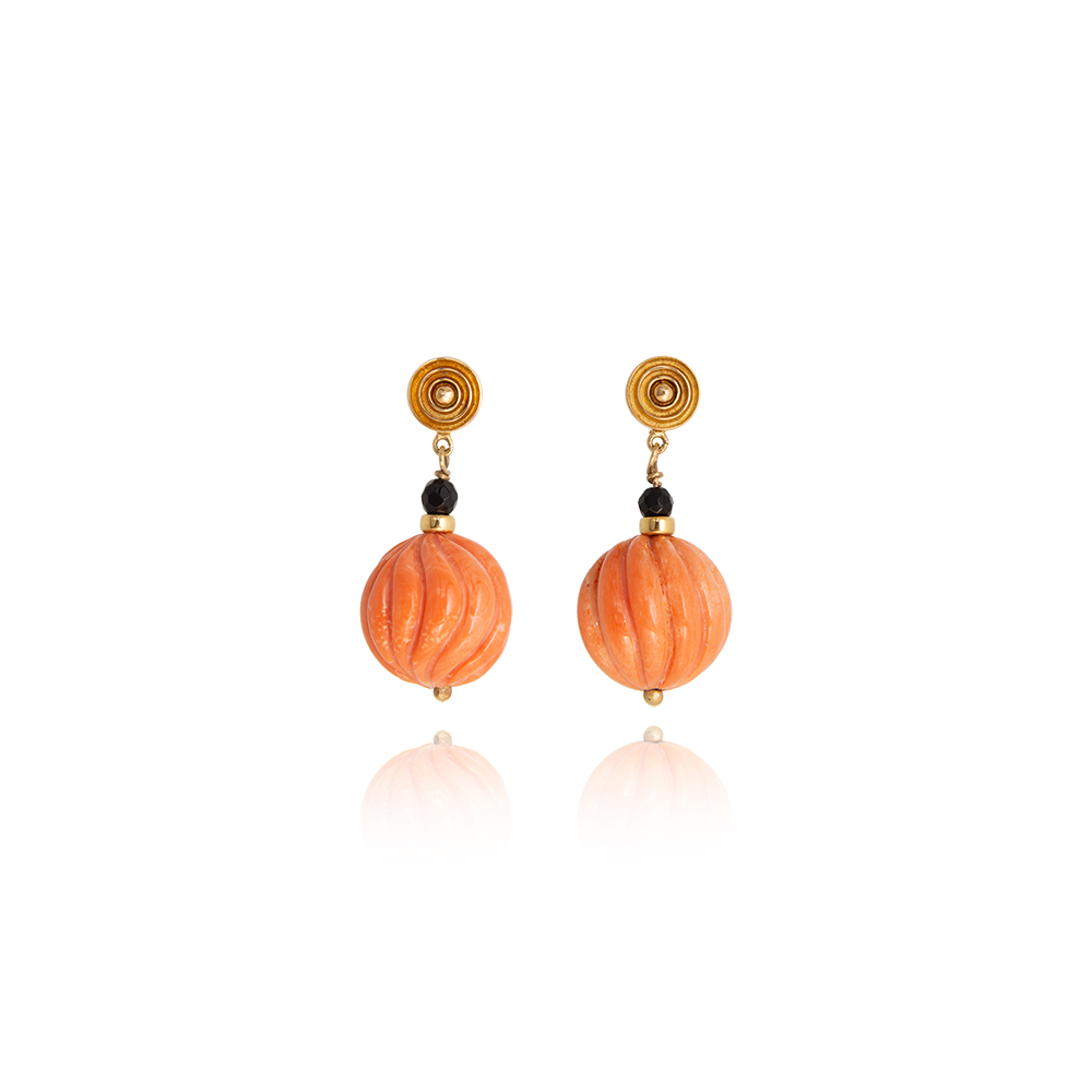 Designer: Nuria Ruiz Spheres Earrings in Salmon Coral and Gold Vortex