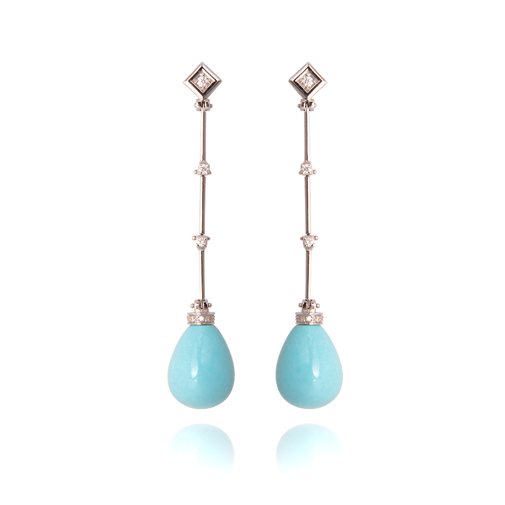 Long Chic Earrings with Turquoise Beads Rhombuses and Little Pears