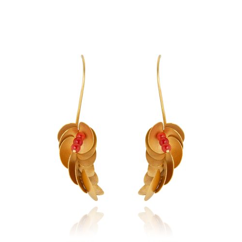 Orecchini Nature con Cascata di Foglie Oro e Perline di Corallo Rosso Mediterraneo