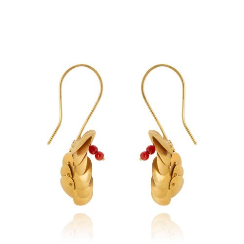 Orecchini Nature con Cascata di Foglie Oro e Perline di Corallo Rosso Mediterraneo